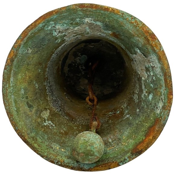 Vintage 5" X 3.5" Double Dragon Handle Bronze Bell Aged Verdigris Rust Set Prop - Picture 5 of 8